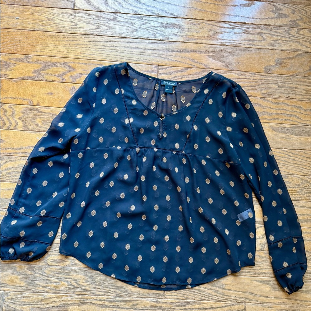 Lucky Brand Black Sheer Blouse with Gold Metallic Print - Size L